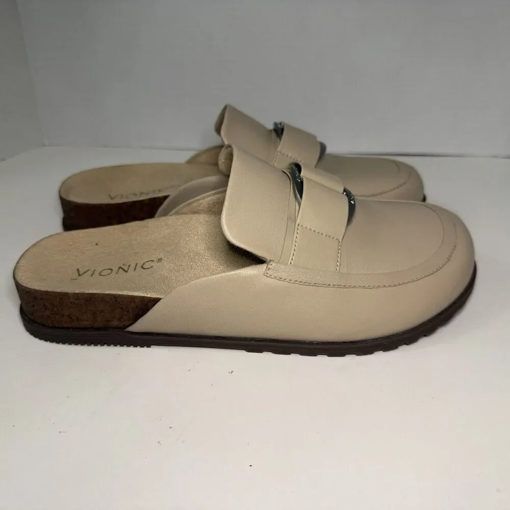 Vionic Jordan Mule Clogs Womens 8 Beige Leather Slip On Comfort Loafers EUC
